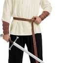 Men's Renaissance Costume Halloween Medieval Pirate Shirt Ankle Banded Pants Viking Belt Accessories (Black, L)