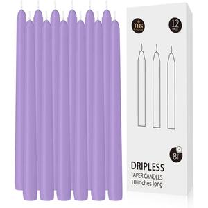 12-Pack Taper Candles (10-Inch) Dripless & Smokeless Long Burning (8 Hours) Unscented Hand Poured Wax Candlesticks for Weddings, Dinner Parties, & Home Decor (Purple)