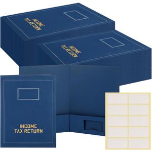Kisston 50 Pcs Tax Return Folders Bulk 2 Pocket Gold Foil Stamped Income Tax Folders with Labels Business File Office Blank Organizer (Blue)
