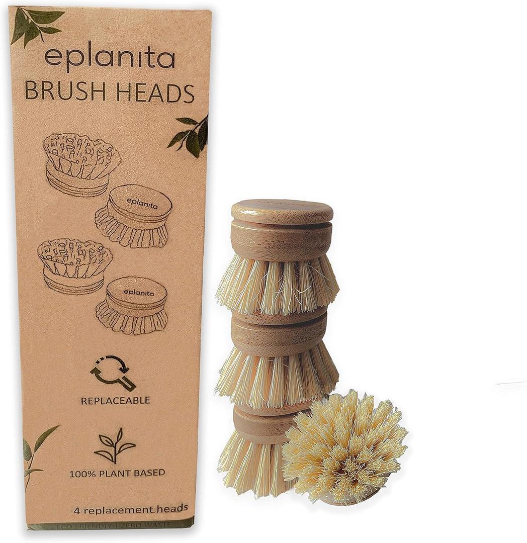 eplanita Replacement Brush Heads (Pack of 4) for Bamboo Dish Brush, Sisal Bristle Refills, Agave Cactus Fibres, Kitchen Eco Scrubber, Plastic Free Washing Up, Zero Waste Cleaning