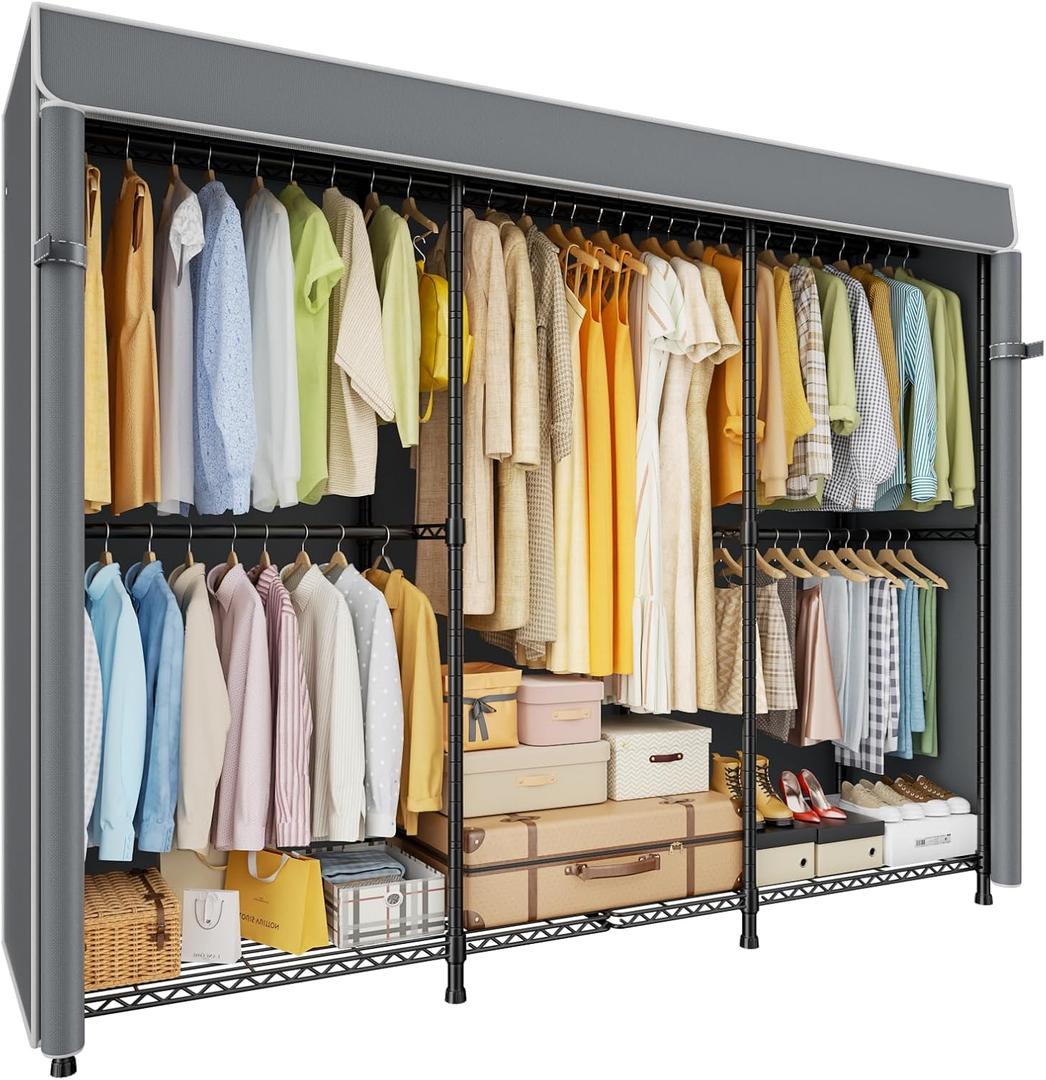 ULIFHOME E14C Pro Heavy Duty Closet Organizer SystemFreestanding Clothing Racks for Hanging ClothesAdjustable Garment Rack 70.1"W 16.6"D 76.4"H Hold 960 lbsBlack Rack with Grey Dustproof Cover