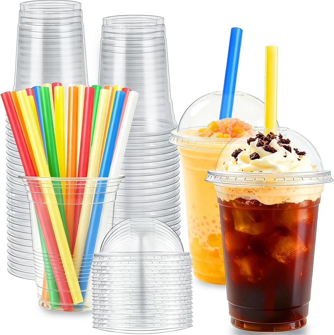 Alaeseje 50 Sets 16 oz Clear Plastic Cups,Disposable Parfait Cup with Dome Lids and Straws,Crystal PET Togo Cup for Party Smoothie Iced Coffee Bubble Boba Milkshake Cold Drinks