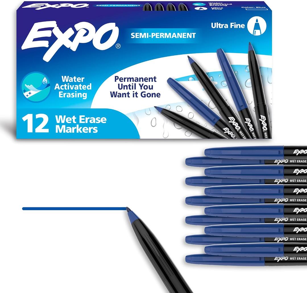 EXPO Wet Erase Markers, Semi-Permanent, Blue, Ultra Fine Tip, 12 Count - For Writing on Glass, Whiteboards, Mirrors, Calendar, Labeling, Organizing