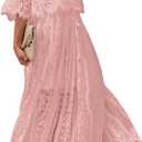 HOYISHION Women's Off The Shoulder Floral Lace Maxi Dress White Bridesmaid Wedding Party Maternity Photoshoot Long Dresses (Pink, M)