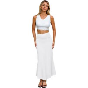 Hybrid & Company Women's Stretch Lightweight Flowy Maxi Skirt Casual Fold Over Waist, Made in USA (White, XXXL)