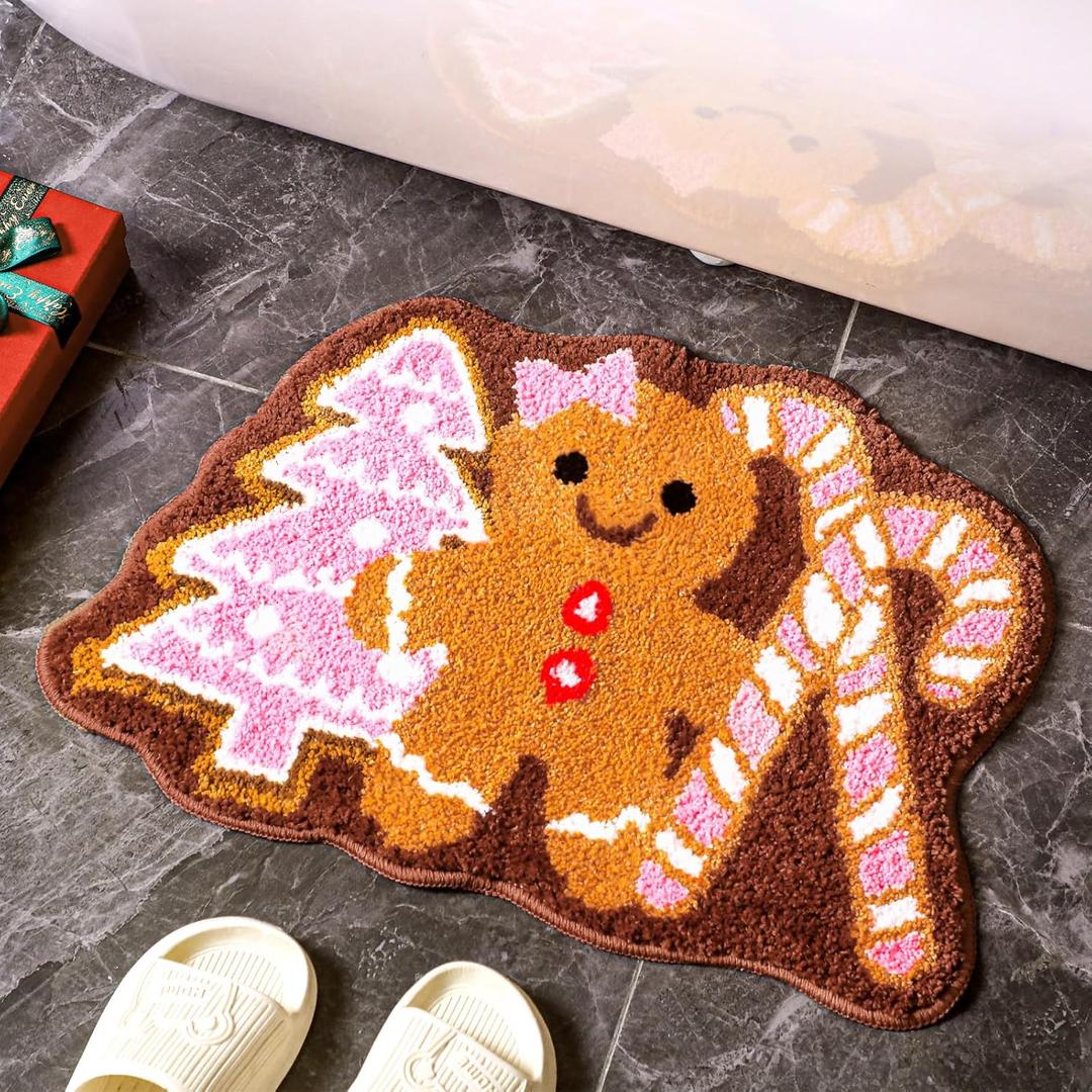 Christmas Gingerbread Man Bathroom Rug Cute Xmas Candy Cane Christmas Tree Door Mat Bath Mat Shower Bathroom Decoration Rug Non Slip Washable
