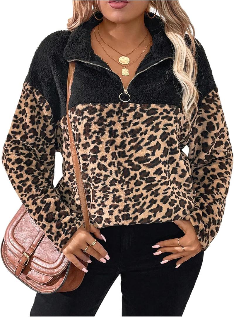 Women's Plus Size Leopard Sweatshirt Quarter Zip Collared Long Sleeve Cheetah Fuzzy Pullover Top (4X-Large Plus, Brown and Black)