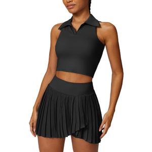 Women 2 Piece Tennis Dress High Waisted Pleated Skirt Sets Seamless Golf Outfits Sleeveless Racerback Padded Crop Top (Black)