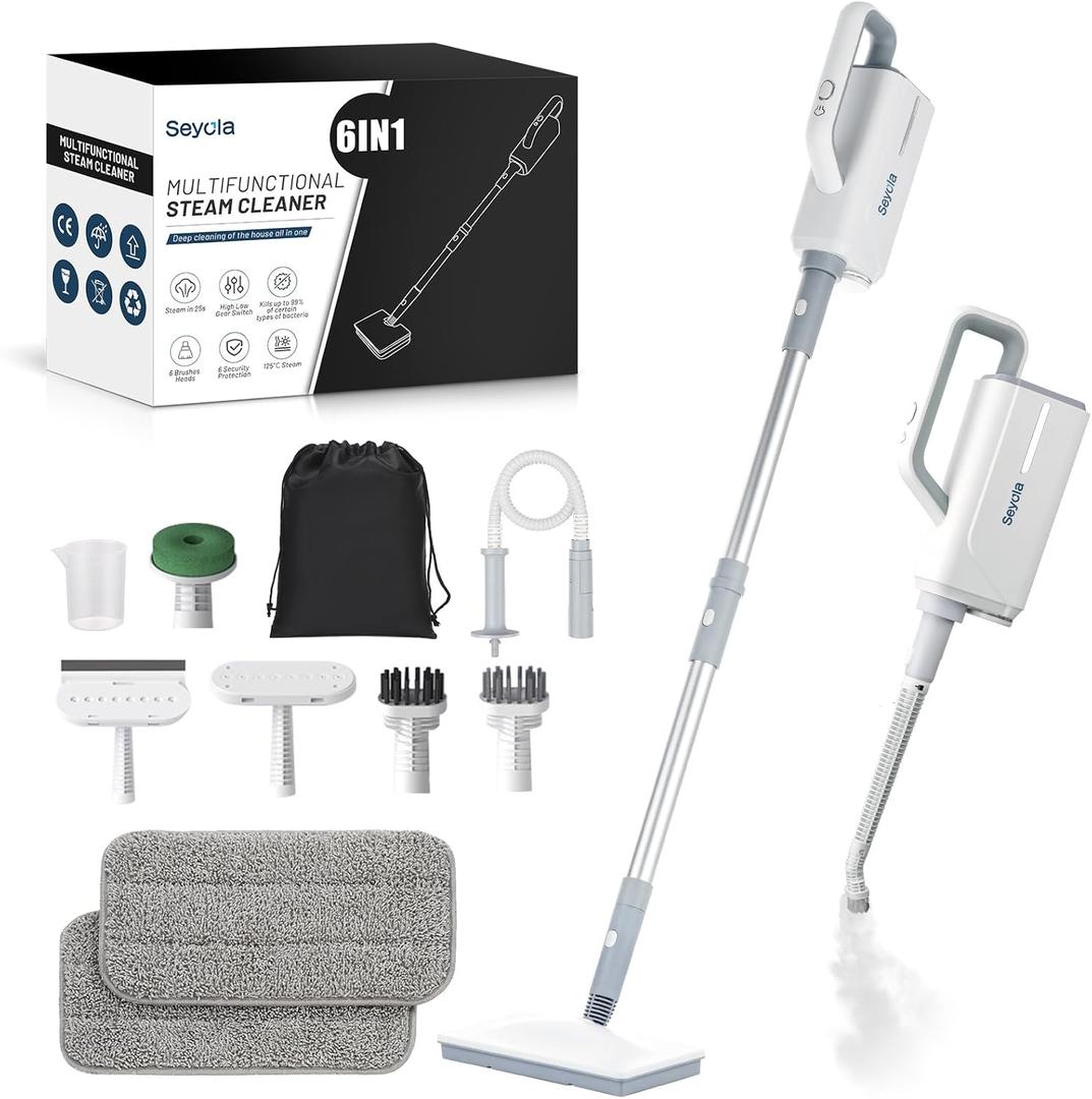Seyola Steam Mop for Floor Cleaning, Steam Cleaner for Home with Handheld 6-in-1 Multi-function Attachments for Hardwood Floors, Clothes, Windows, Tiles, Grout, Furniture Cleaning (off-white)