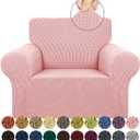 KEKUOU Stretch Single Sofa Slipcover 1 Piece Couch Sofa Cover (31"-55") Furniture Protector 1 Seater Sofa with Elastic Bottom for Kids,Pet.Jacquard Small Checked Pattern Fabric(Small,Dusty Pink)