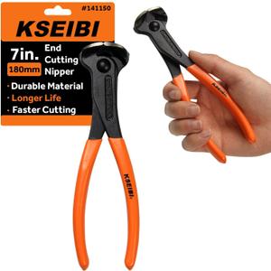 KSEIBI 141150 End Cutting Pliers 7 Inch Grip Handle Black Finish Chrome Vanadium Steel Carpenter Pincer, Nippers Tool, Cat Paw, Nail Remover, Rivet Cutting Pliers, Steel Wire Cutter Construction Tool