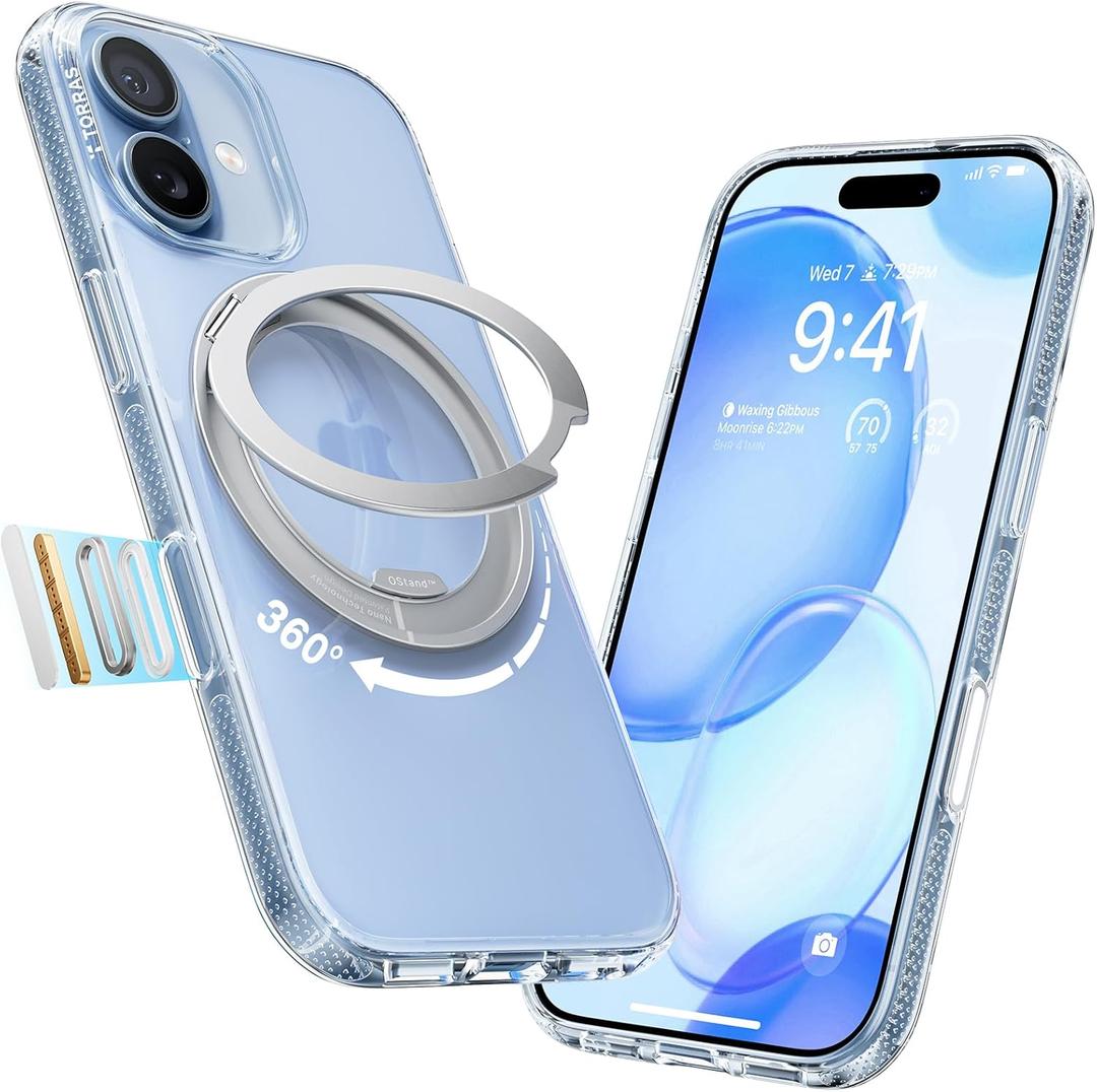 TORRAS 360 Magnetic Stand for iPhone 17 Case, [Rotatable Sturdy Kickstand][Fit for MagSafe][4X Mil-Grade Shockproof] Slim Transparent Phone Cover, Camera Button, Crystal Clear, Ostand O3 Fitness