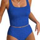 ZAFUL Womens Tankini Swimsuits Two Piece Tummy Control Bathing Suits Textured Tankini Swim Top with High Waisted Bottom (Blue) M