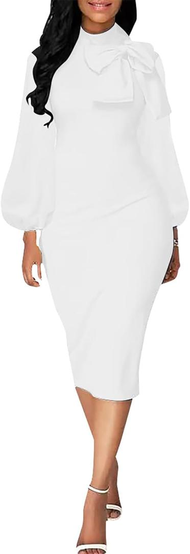 BestGirl Women's Bishop Sleeve Bodycon Dresses Work Casual Floral Print Pencil Midi Dresses Large, A White