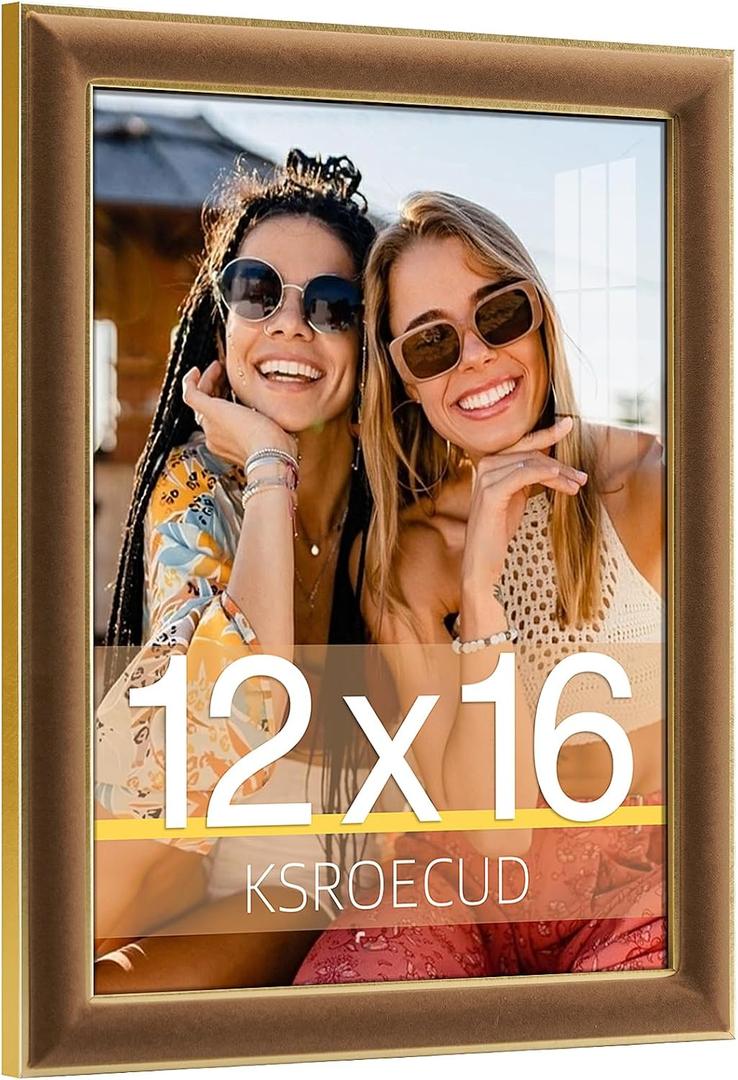 12x16 Velvet Picture Frame, Brown 12x16 Velvet Photo Frame with Vintage Gold Border, 12 by 16 Poster Frame with HD Real Glass Horizontal & Vertical Display for Tabletop and Wall Decor (1 Pack)