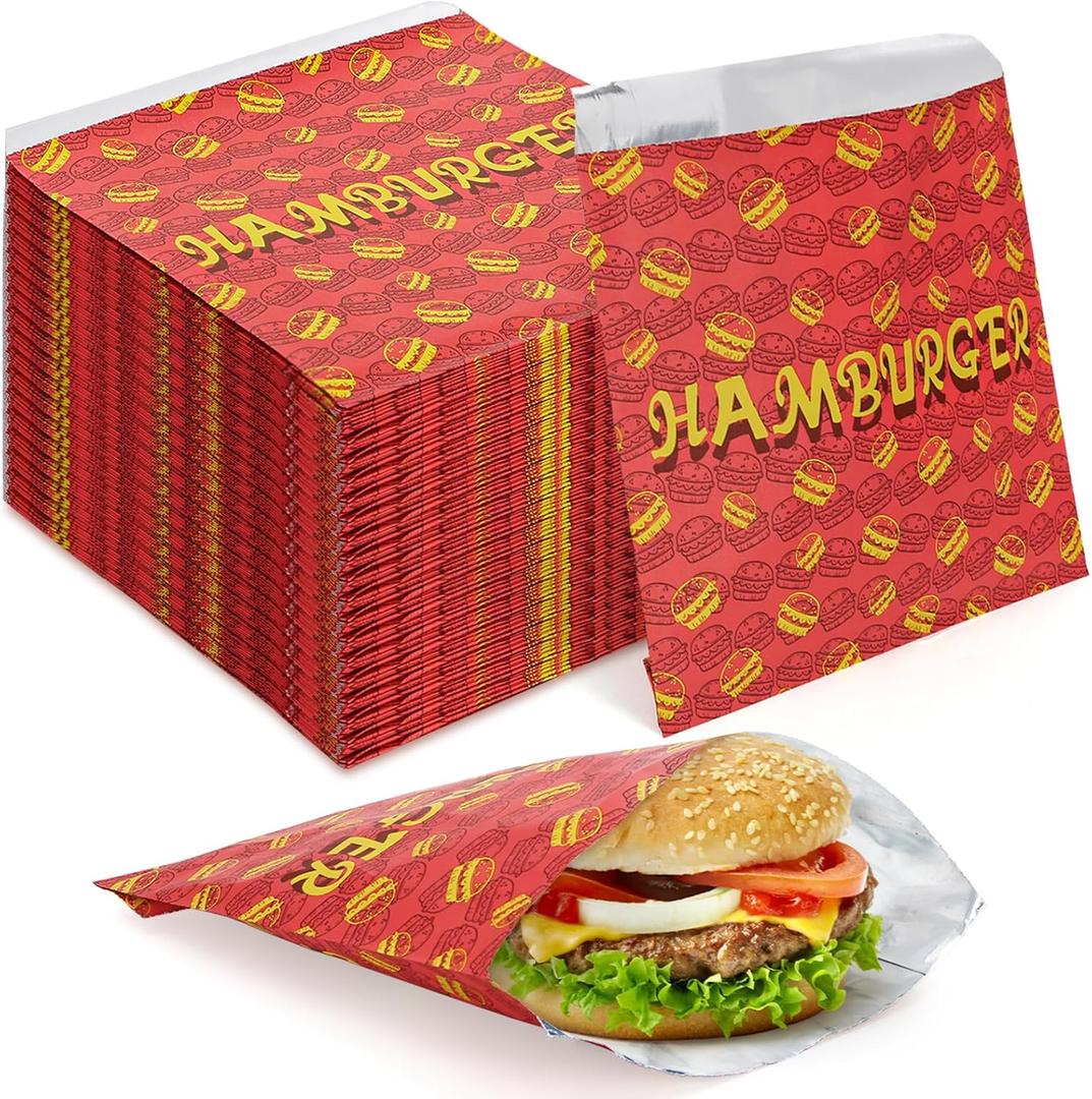 Yarlung 200 Pack Hamburger Bags, Grease-proof Burger Wrappers Paper Warming Foil Retain Heat, Disposable Takeout Food Sleeves for Popcorn Hot Sandwiches, BBQ Party Snack Bar