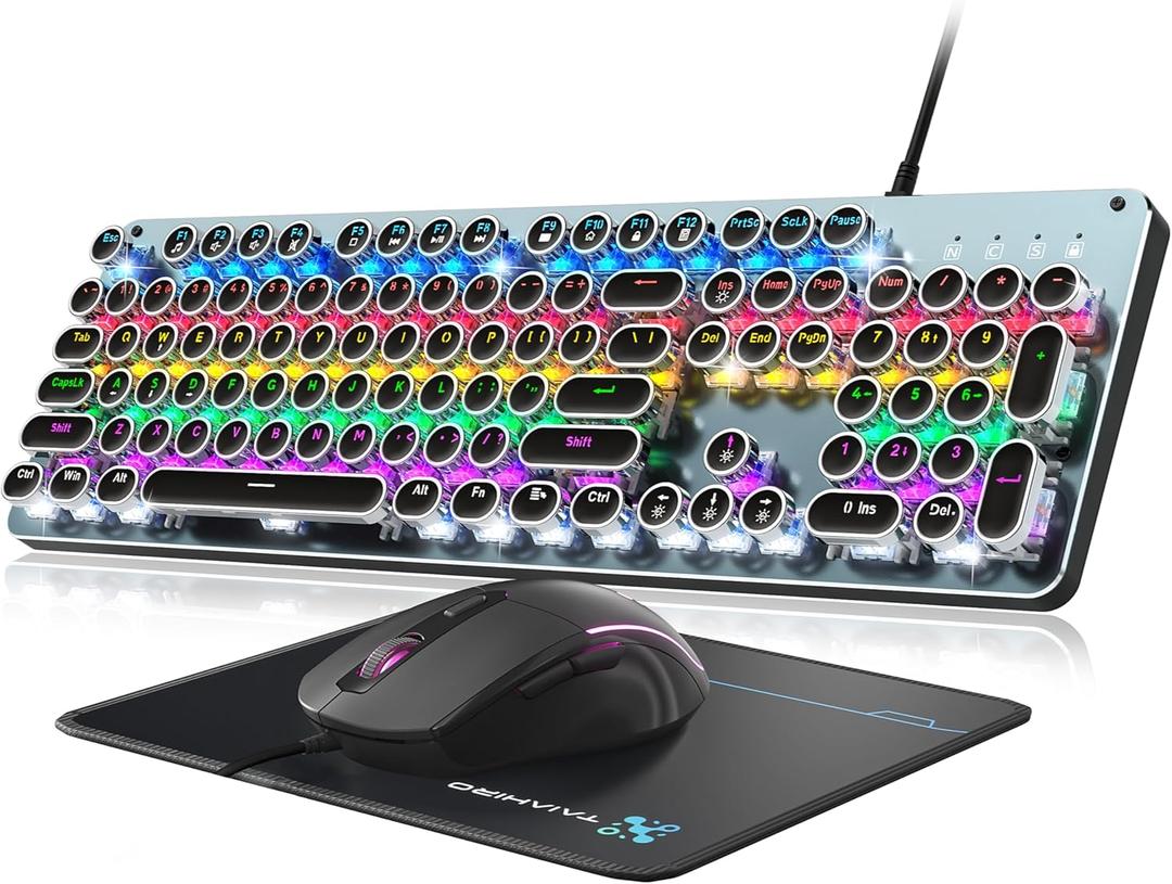 Typewriter Style Mechanical Gaming Keyboard Blue Switch, Rainbow LED Backlit Wired Computer Keyboards Mouse and Pad Combo, Metal Panel Retro Punk Round Keycaps, 104 Keys Anti-Ghost for PC Laptop Gamer
