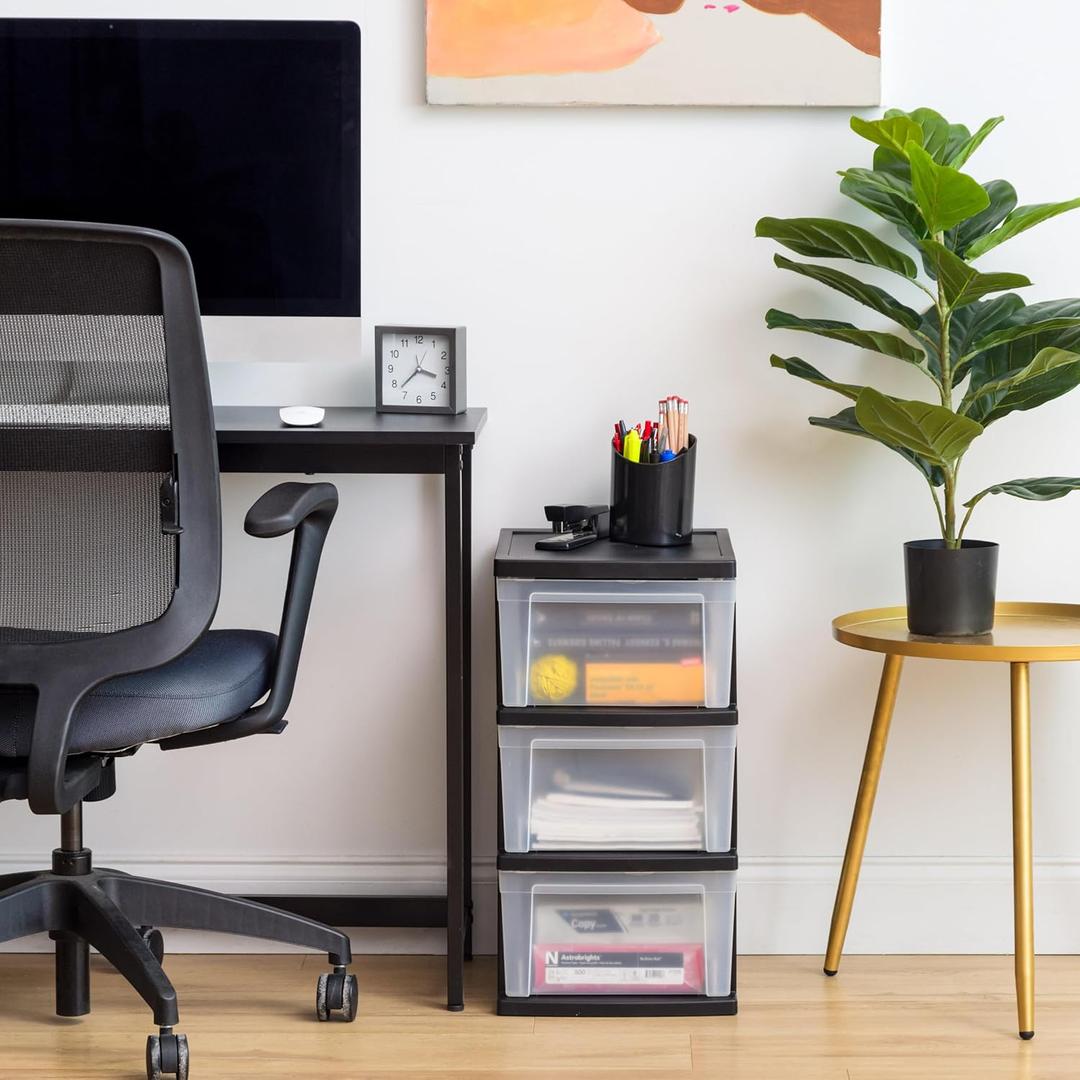 IRIS USA Plastic Drawer Storage Organizer, 3-Drawers, 1-Pack, for Classroom Art Craft Supplies, Bathroom Bedroom, Laundry Room, Black/Clear