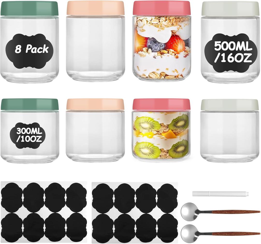 Lulonpon 8 Pack 10oz and16oz Mason Jars with Lids - Airtight Glass Storage Containers for Overnight Oats, Snacks & Meal Prep | Includes 16 Labels, 2 Spoons + Marker (Multicolor)