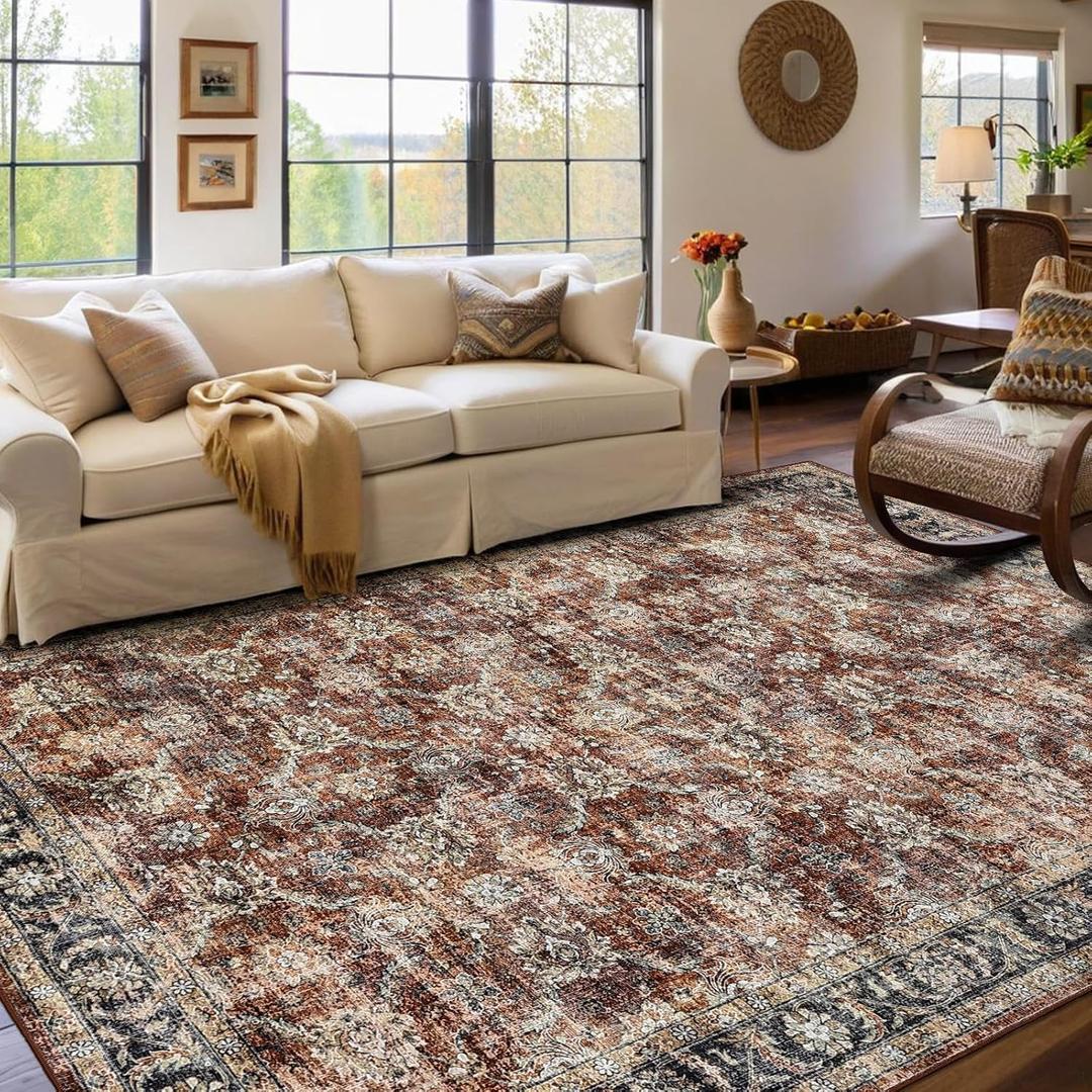 GarveeHome Vintage Rug 5x7 Floral Print Area Rug for Living Room Washable Non Slip Farmhouse Distressed Indoor Carpet Foldable Low Pile Soft Accent Throw Rug for Bedroom Home Nursery, Red