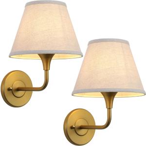 PERMO Wall Sconces Set of 2 Classic Gold Sconce with Linen Lampshade Set of Two Wall Light for Living Room Bedroom Hallway Bathroom Stairs Kitchen