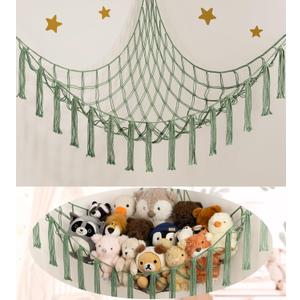 Stuffed Animal Storage Hammock or Net - Large Toy Hammock Net for Stuffed Animals Corner - Hanging Stuff Animal Organizer Holder Ideas for Plush - Baby Nursery Wall Bedroom Room Decor (Olive Green)