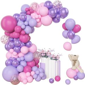 Amandir 153Pcs Pink Purple Balloons Arch Garland Kit Different Sizes 18 12 10 5inch Latex Pink Metallic Light Purple Rose Red Confetti Balloon Mother Butterfly Shower Bridal Birthday Party Decorations