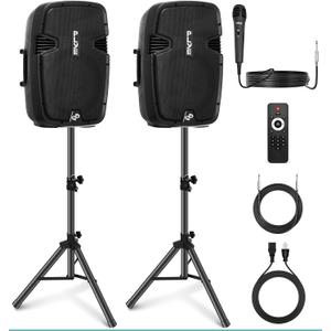 Wireless Portable PA Speaker System - 1800W High Powered Bluetooth Compatible Active + Passive Pair Outdoor Sound Speakers w/ USB SD MP3 AUX - 35mm Mount, 2 Stand, Microphone, Remote - Pyle PPHP1249KT