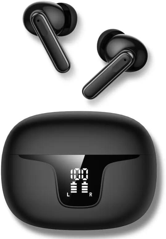 Active Noise Cancelling Bluetooth Earbuds with 4 Mic, 140H Playtime, ENC, IPX4 Waterproof Wireless Earphones with LED Display, Bluetooth 5.3, Comfortable in-Ear Fit  Black