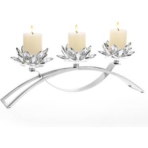 OwnMy 3 Arms Crystal Lotus Tealight Candle Holders Crystal Lotus Flower Votive Candle Stands, Decorative 3-Arms Crystal Lotus Candelabra Metal Crystal Lotus Candlestick Holder for Table Centerpiece (Silver)