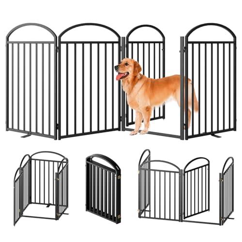 SNUOWU 4 Panels Full Matel Freestanding Dog Gates with Door, 96"Extra Wide 32"Tall Free Standing Dog Pet Gate for Indoor & Outdoor. Foldable Pet Fences for Doorways, House, Stairs, Porch, Deck, Yard