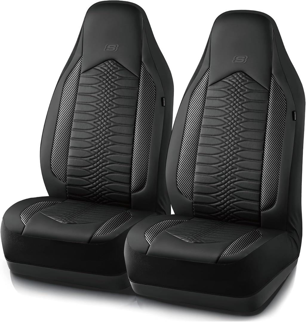 Skechers Memory Foam Car Seat Covers, Leather High Back Seat Covers Quilting Design,Waterproof Sports Car Seat Covers Front Seats,Airbag Compatible Universal Fit for Most Cars, SUVs,Trucks,Black