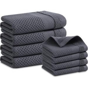 Homaxy Kitchen Towels and Dishcloths Set, 12 x 12 and 13 x 28 Inches, Set of 8 100% Cotton Waffle Weave Kitchen Towels, Super Soft and Absorbent Dish Cloths, Dark Grey