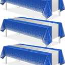 3Pcs Blue and Silver Tablecloth Party Decorations,Plastic Royal Blue Table Cloth Printed Silver Table Runner Disposable Rectangle Tables Cover for Anniversary Wedding Graduation 2025 Party,54x108 Inch