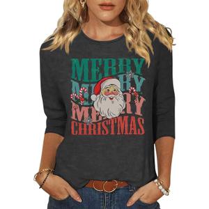 Woffccrd Womens Christmas 3/4 Sleeve Crew Neck T-Shirts Merry and Bright Leopard Christmas Tree Graphic Tee Tops (Small, Dark Grey 4)