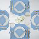 Set of 4 Blue Cotton Linen Placemats, 16 x 18 Embroidery Cloth Table Mats with Scalloped Edge Washable Fabric Place Mats Wavy Shape for Wedding Baby Shower Party Table Decor