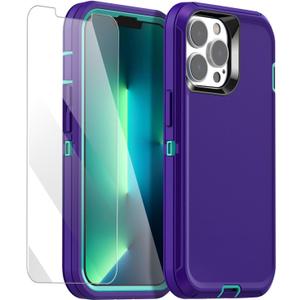 AICase for iPhone 13 Pro Max/12 Pro Max Case with Glass Protector,Heavy Duty Drop Protection Full Body Rugged Shockproof/Dust Proof Military Protective Tough for iPhone 13 Pro Max/12 Pro Max 6.7_3 (Iris Purple with Glass Protector)