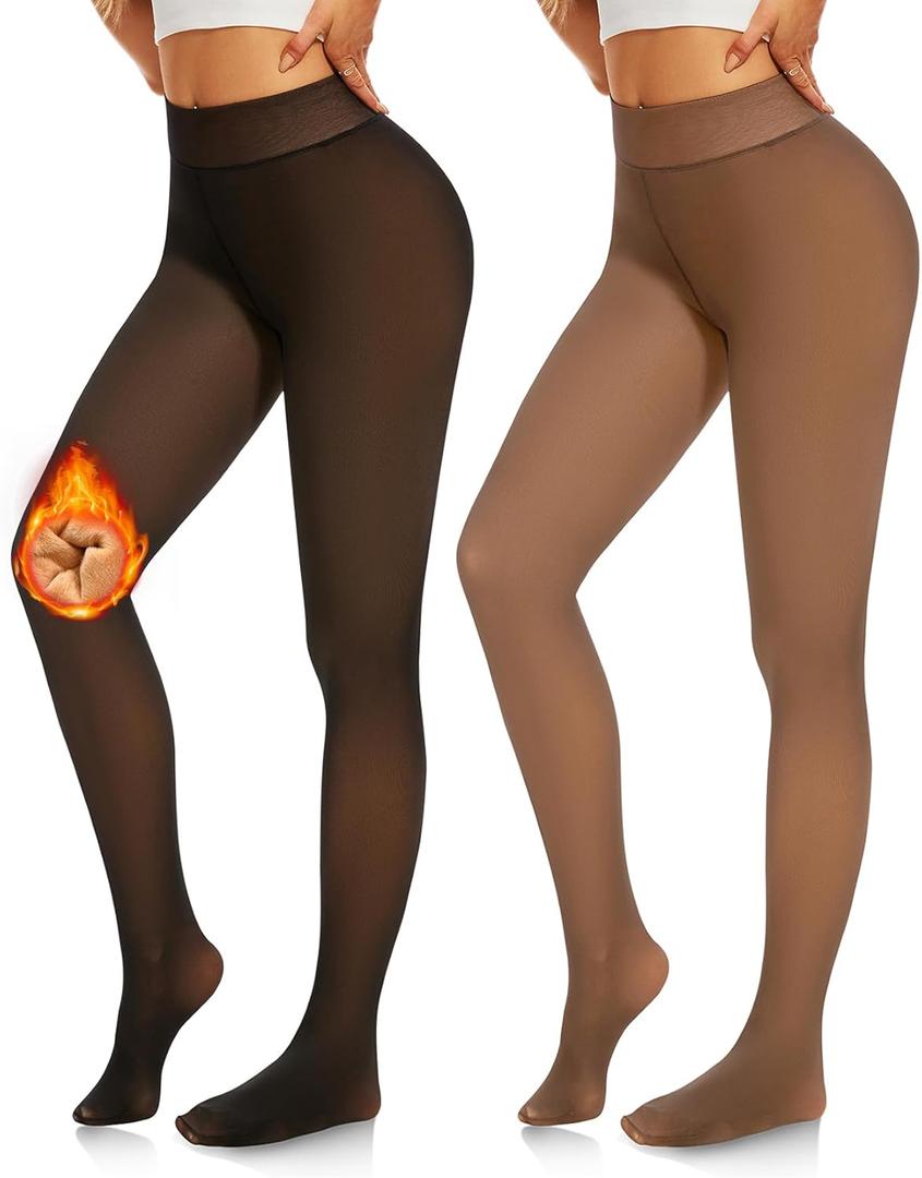 NEW YOUNG Fleece Lined Tights Women - Fake Translucent Warm Pantyhose Leggings Thick Thermal Tights for Winter (Small-Medium, Black, Brown)