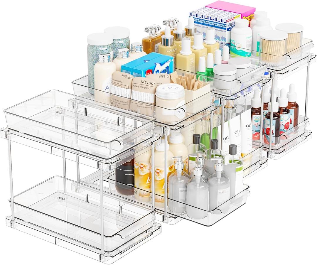 Yieach 4 Pack Under Sink Organizers and Storage,Clear Acrylic Bathroom Organizer and Cabinet Organization for Makeup,Medicine,Two Tier Pull Out Cabinet Organizer Drawers for Pantry,Vanity Storage Bins