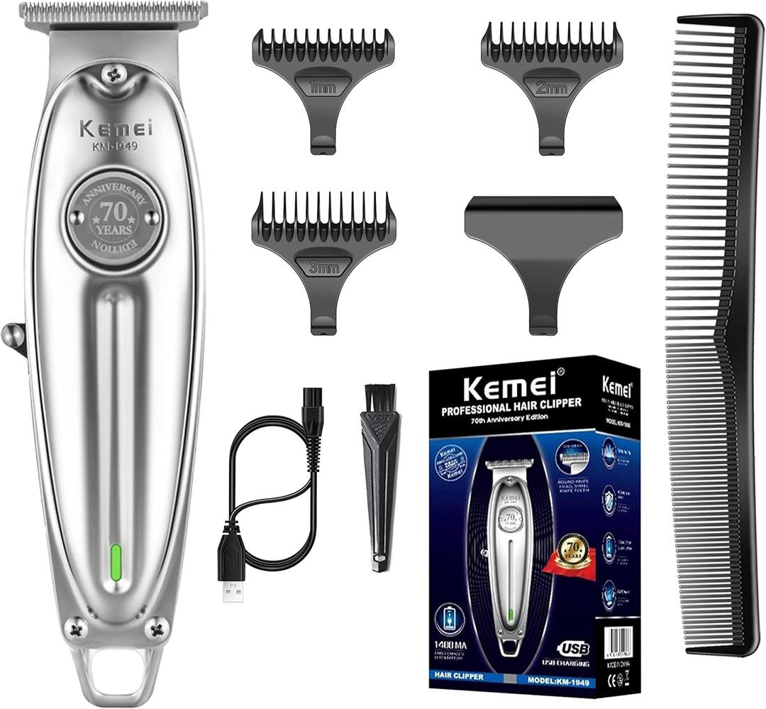 KEMEI Professional Beard and Hair Trimmer for Men, Cordless T-Blade Trimmers, Electric Hair Clippers for Barbers and Stylists, All Body Grooming Model 1949 (Km-19499-silvery)
