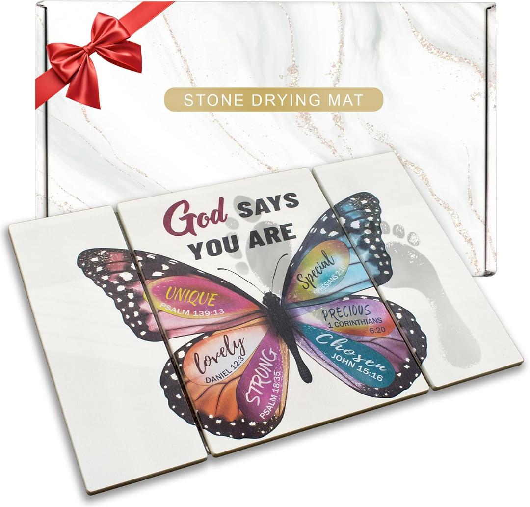 Olicard Foldable Stone Bath Mat - Quick Dry Diatomaceous Earth Bath Mat with Non Slip Pad, Absorbent Stone Shower Mat for Bathroom, Butterfly Bathroom Decor, Inspirational Gift for Women