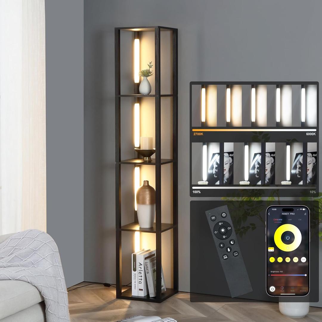 FENLO Shelf Floor Lamp with Wooden Shelves  Modern Floor Lamp with Adjustable LED Lighting, Remote & App Control  Tall Standing Lamp with Storage for Bedroom, Living Room, or Office (Black CCT)