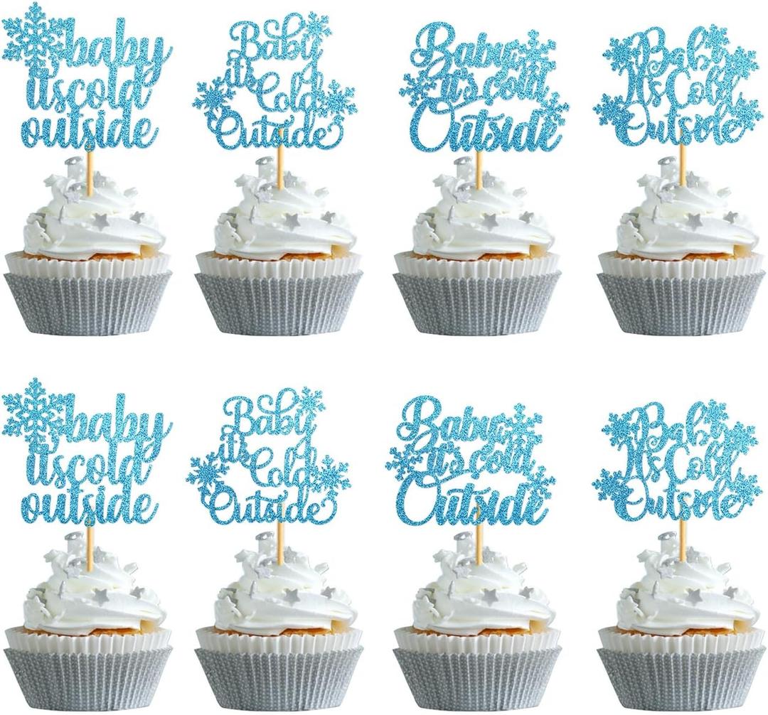 36PCS Blue Glitter 'Baby It's Cold Outside' Cupcake Toppers - Snowflake Winter Wonderland Baby Shower Decorations - 'A Little Snowflake is On The Way'