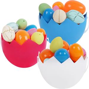Zcaukya 3 Packs Easter Buckets, Plastic Baskets with Handles, Empty Adorable Easter Pails for Kids Easter Egg Hunt Holiday Decorations Party Favors Supplies (Eggshell Buckets - 3 Packs)