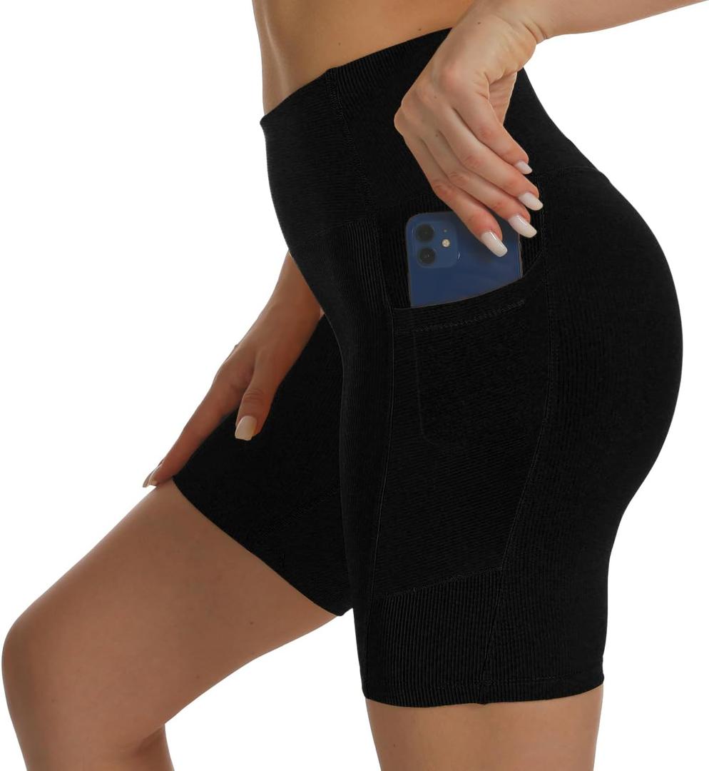 HOKOYI Women's High Waisted Spandex Biker Shorts 7" Gym Compression Shorts with Pockets Workout Running (Medium, Black)