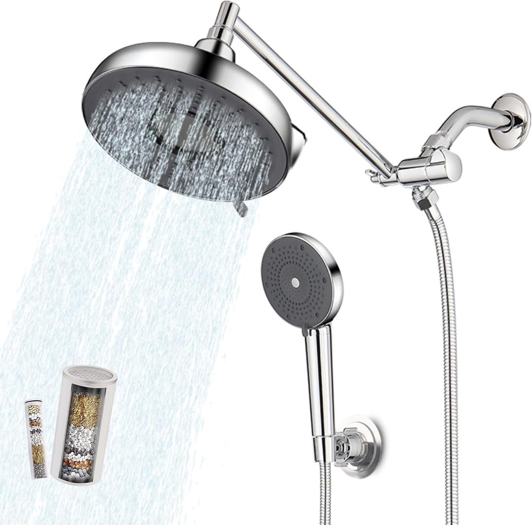 Rain Shower Head with Filter and Handheld, 8 Inch High Pressure and 3 Spray Modes Shower Head, Dual Showerhead Set with Extension Arm and 60 Inch Shower Hose, Shower Head Filter for Hard Water, Chrome