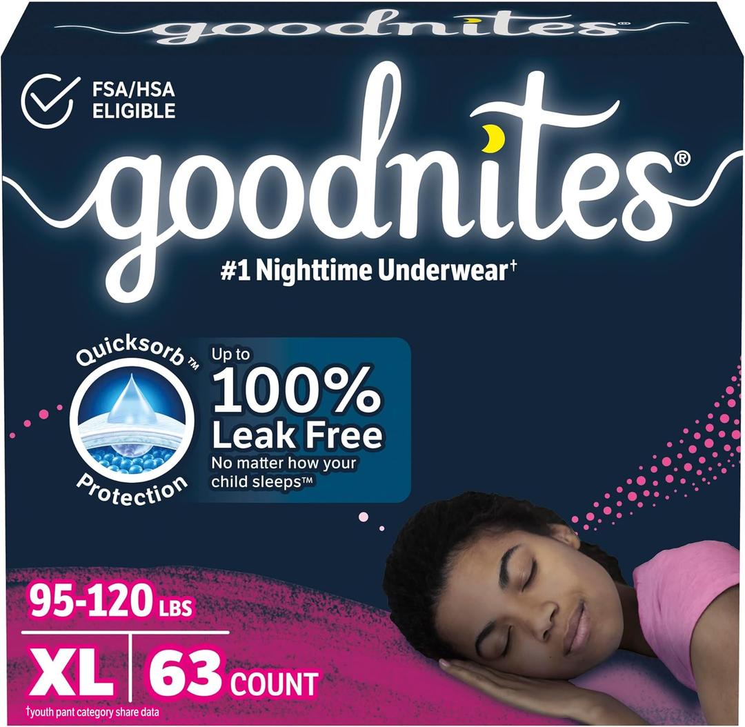 Goodnites Girls' Nighttime Bedwetting Underwear, Size Extra Large (95-120 lbs), 63 Ct (3 Packs of 21)