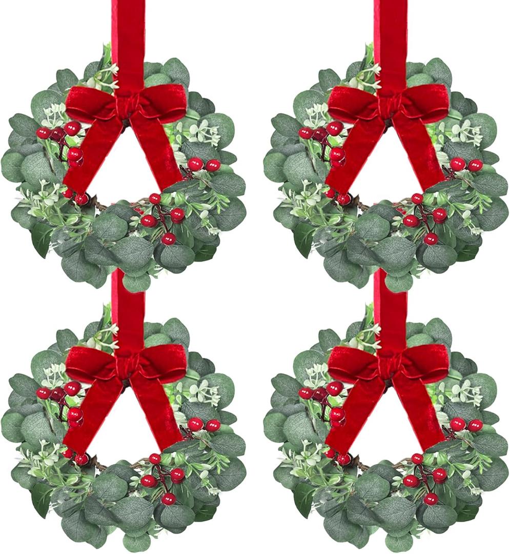 4 Pack 12 Inch Christmas Kitchen Decor Mini Christmas Wreath Small Cabinet Wreaths with Red Bow Eucalyptus Leaves Flowering Boxwood Branches Red Berry Xmas Wreaths for Windows Door Wall Stairs Home