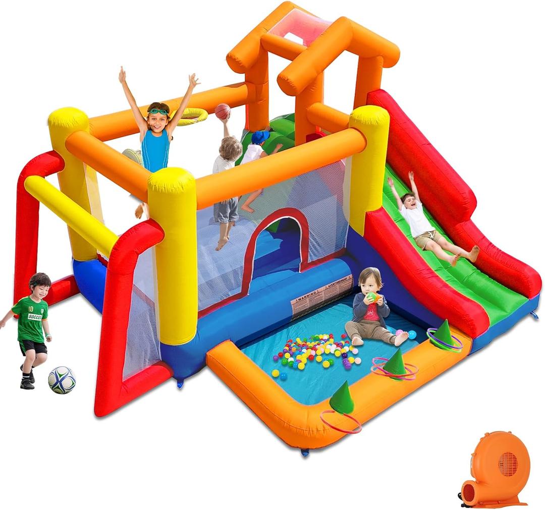 Baralir 7-in-1 Bounce House for Kids 310, Bouncy Castle with Long Slide, Kiddie Pool (Ball Pit), Soccer Goal, Climbing Wall, Basketball Hoop and Ring Toss Game - for Indoor or Backyard Fun