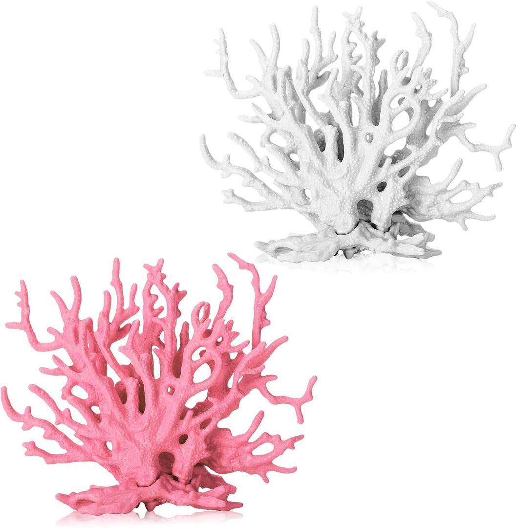 2 Pack Artificial Coral Reef Decor for Aquarium Pink and White Fish Tank Decorations for Landscaping Cute Plastic Ornaments for Terrarium